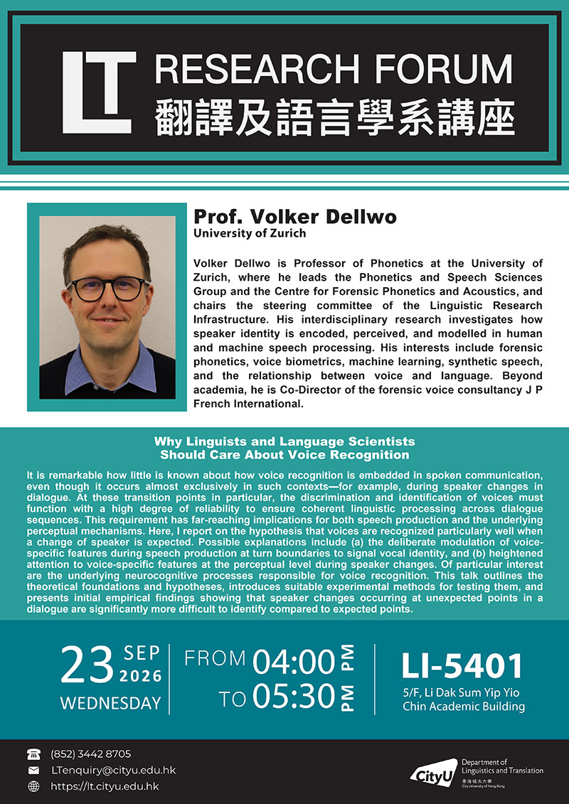 LT Research Forum: Why Linguists and Language Scientists Should Care About Voice Recognition (Speaker: Prof. Volker Dellwo)
